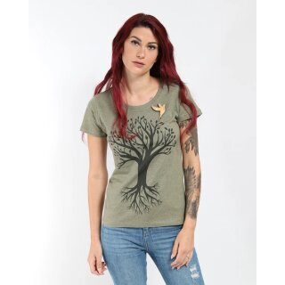Broschenshirt - Baum mit Vogel XL mid heather khaki