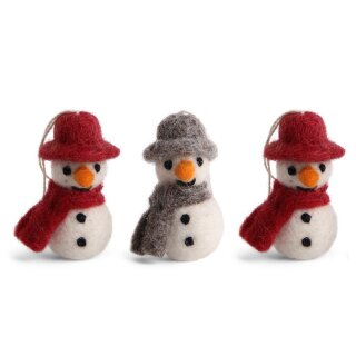 Schneemann mit Hut mini rot/grau, 3er Set, 5,5 cm
