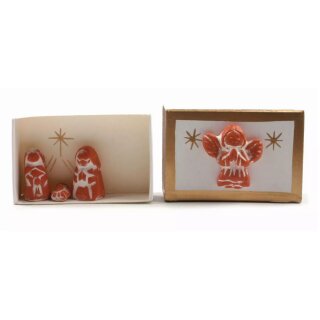 Mini-Krippe in weißer Streichholzschachtel "Engel", Pappe/Keramik, 3-teilig, H 2 cm