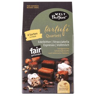 Tartufi Quartett, handgemachte Schokoladentrüffel, einzeln verpackt, 4 Sorten (Edelbitter, Stracciatella, Espresso, Vollmilch) à 2 Stück, 110g