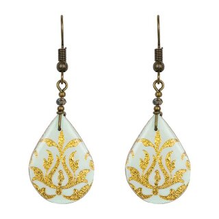 Ohrringe botanisches Muster Tropfen turkis-gold, Fliese