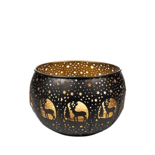 Windlicht rund,18x13cm NIGHT FOREST, schwarz-gold, Eisenblec