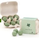 6 bunte Blumenmurmeln im Eierkarton "Viel Glück"