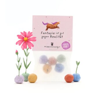 5 Blumenmurmeln im Tütchen "Fantasie ist gut gegen Realität"