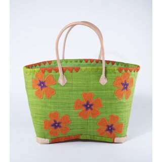 KORBTASCHE Blumen grün orange, Raffia H31 x B46 x T20cm