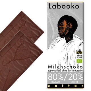 Labooko - 80%/20% Milchschoko, superdunkel, ohne Zuckerzugabe (2 x 32,5g)
