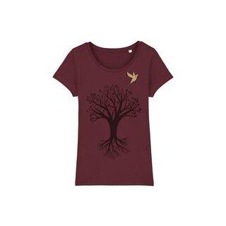 Damen Baum mit Vogel Broschenshirt L Burgundy